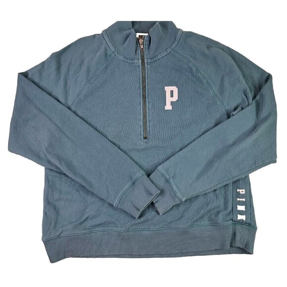 PINK VICTORIA’S SECRET Pullover Sweatshirt 1/2 Zip Long Sleeve Teal Size M - Picture 1 of 6